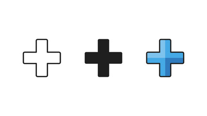Fototapeta premium 3D medical cross icons set in white, black, and blue colors for healthcare, first aid, and medical symbols design