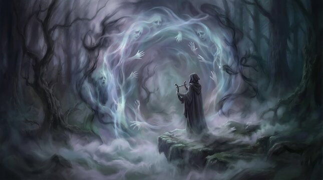 Surreal Orpheus Playing Music To Open An Underworld Portal