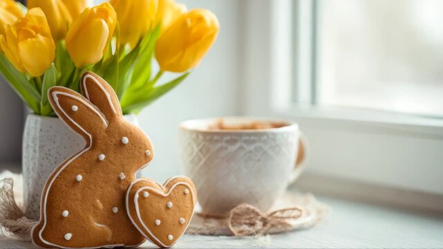Gingerbread bunny and heart cookies placed beside a white cup of coffee and a vase of yellow tulips on a wooden table near a window with soft natural light