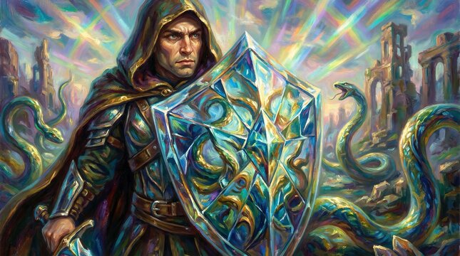 Surreal Perseus Looking Through A Crystal Shield Of Truth