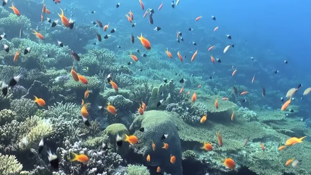 Diverse schools of brilliant fish gracefully navigate a thriving coral wonderland. Sunbeams dance through the clear blue ocean, illuminating this lively underwater ecosystem during daylight hours.