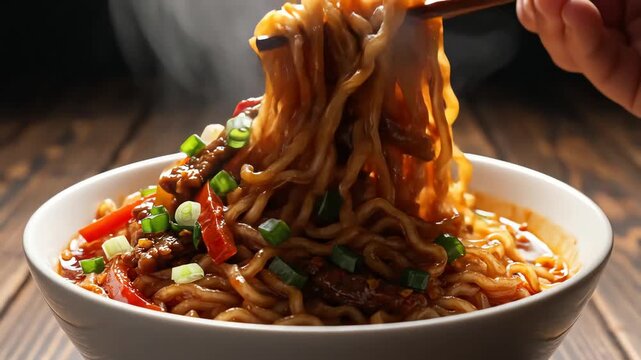 Steaming bowl of asian noodles with vegetables on wooden surface