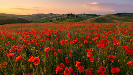 A sprawling field of radiant red poppies glows under the warm, golden sunset hues. Rolling green hills define the horizon, creating a picturesque Tuscan landscape filled with the beauty of summer