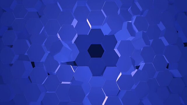A 3D rendering of a blue hexagonal pattern with varying depths and shadows