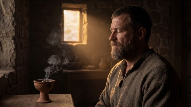 Caucasian man monk with beard meditating with eyes closed near smoking incense burner in rustic stone room. Spirituality and historical lifestyle concept banner with copy space