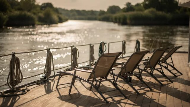 Boatstyle accommodation on a river bend displaying clear deck chairs and ropes in sharp focus with blurred sparkling water reflections and lush riverside vegetation in the