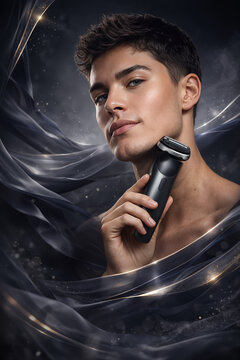 Portrait of a young adult with well-groomed skin using an electric razor against a dark background. Young man shaving with an electric razor in a men's grooming concept