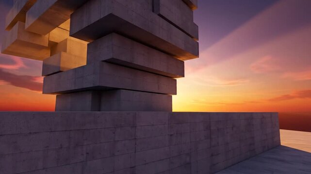 Abstract concrete block structure illuminated by golden sunset light against a vibrant sky