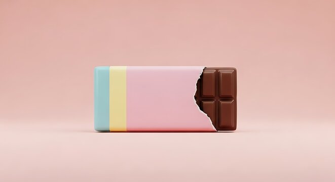 Milk chocolate bar mockup with torn pastel paper sleeve packaging