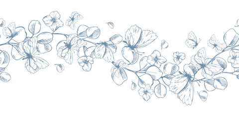 Eucalyptus branches with flowers and butterflies. Graphic illustration hand-drawn with ink line art. Seamless border pattern floral garland design for spring, summer holidays, and weddings.