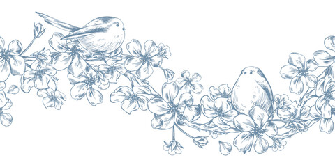 Apple blossom branches with birds. Hand-drawn ink line art graphic illustration. Seamless border pattern floral garland design for spring, summer holidays, and weddings. © NATASHA-CHU