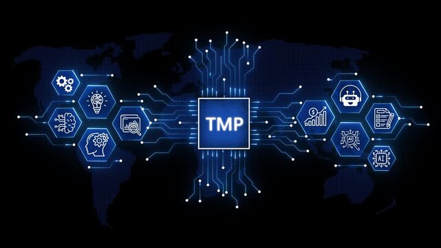 animation Fintech Regulation Concept: TMP Logo and Data Analytics Icons over Blue World Map animation on the black background.4k video.