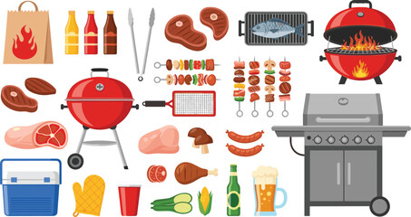Cartoon Barbecue Grill Party Collection with Meat Skewers Sausages Beer Cooler and BBQ Equipment Vector Illustration © Sumon Creative