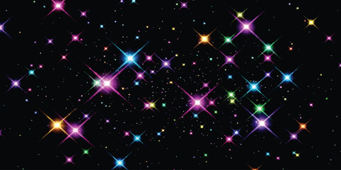 Abstract colorful glowing stars and sparkles on black background night sky galaxy vector illustration for celebration and magic themes © ZenVectors