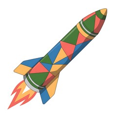Colorful geometric rocket ship flying upwards