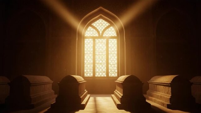 Sacred Islamic mausoleum interior with golden sun rays through arched window illuminating ancient stone tombs in peaceful spiritual mosque architecture setting