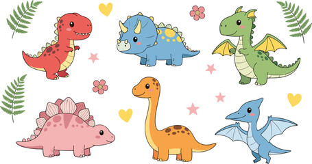 Cute Baby Dinosaur Cartoon Set with Hearts Flowers and Leaves Colorful Nursery Vector Illustration © Sumon Creative