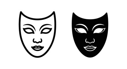A black and white illustration of two theater masks on a plain background