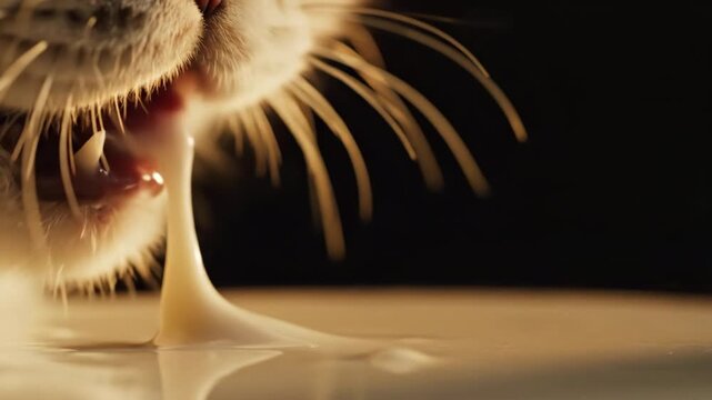 Close-up feline enjoying a creamy liquid treat with slow motion.