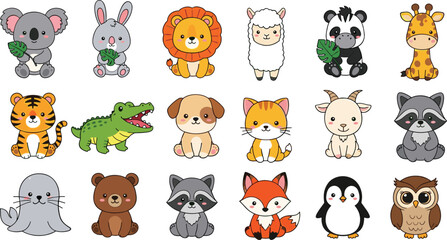 Fototapeta premium Cute Baby Wild and Forest Animals Cartoon Set Adorable Safari and Woodland Vector Illustration Collection
