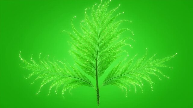 A luminous green fern frond with shimmering particles against a vibrant green backdrop