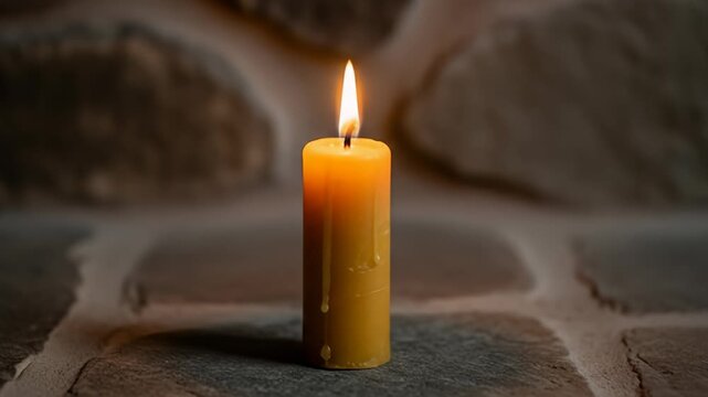 A single lit candle glows warmly against a rustic stone background, creating a peaceful and contemplative atmosphere.