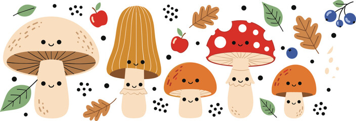 Cute Cartoon Forest Mushrooms Collection with Toadstools Leaves Berries and Autumn Woodland Elements Vector Illustration © Sumon Creative