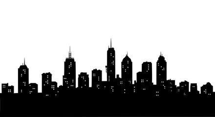 Obraz premium City skyline silhouette with tall buildings and illuminated windows featuring urban landscape, night scene, cityscape