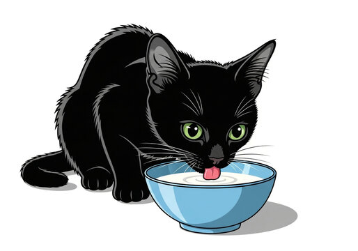 Adorable Black Kitten Licking Milk from a Blue Bowl - Cute Pet Illustration