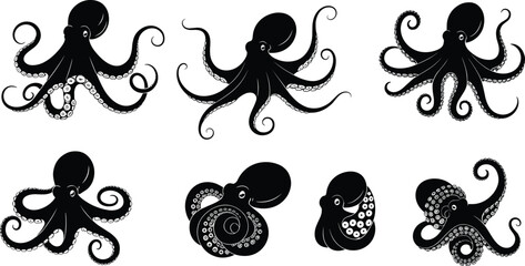 Octopus illustration, marine animal drawing, ocean wildlife art, underwater creature design, black and white octopus graphic, aquatic tentacle artwork, sea life silhouette, marine design © Polash Contributor