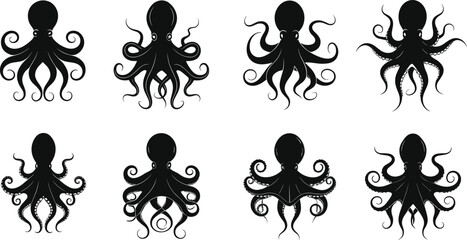 Octopus silhouette, marine animal illustration, ocean wildlife graphic, underwater creature design, black sea life art, aquatic tentacle drawing, abstract marine artwork, ocean design © Polash Contributor