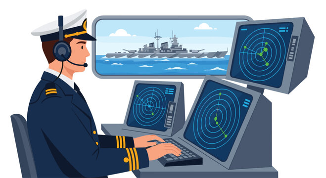 A male naval officer in a dark blue uniform and white cap is seated, wearing a headset and operating a control panel with three radar screens.