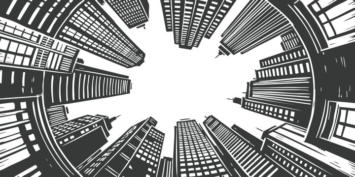 Detailed hand drawn sketch of circular fisheye perspective looking up at modern city skyscrapers vector background