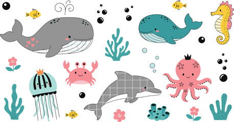 Cute Cartoon Sea Animals Collection with Whale Dolphin Octopus Jellyfish Crab and Seahorse Vector Illustration Set © Sumon Creative
