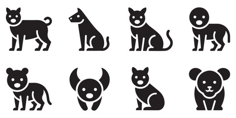 Collection of eight charming black dog icons, featuring various breeds and poses on white background © MD
