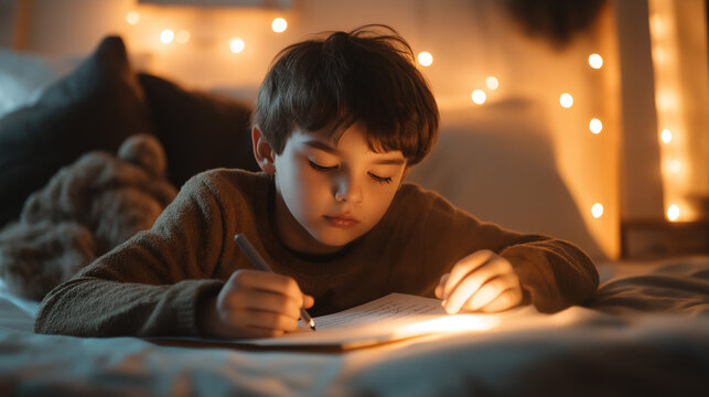 Young Boy Writing a Letter by Cozy Warm Light in a Darkened Bedroom