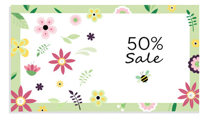 Elegant botanical vector with soft flowers leaves and 50 sale banner