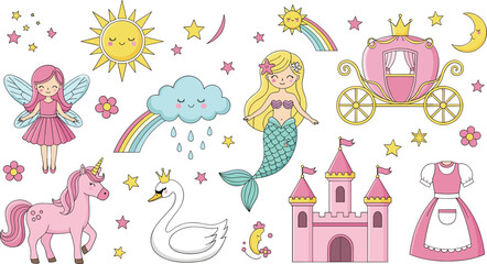 Cute Fairy Tale Cartoon Set with Princess Mermaid Unicorn Castle and Magic Elements Vector Illustration © Sumon Creative