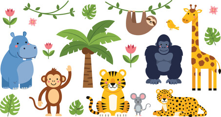 Fototapeta premium Cute Jungle Animals Collection Cartoon Vector Illustration with Lion Monkey Giraffe Elephant and Tropical Elements