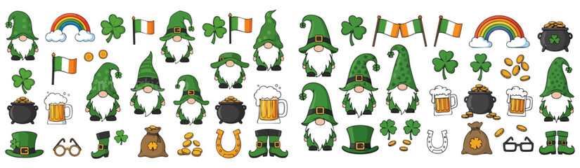 Fototapeta premium Collection of St. Patrick's Day themed illustrations, including leprechauns, pots of gold, and shamrocks.