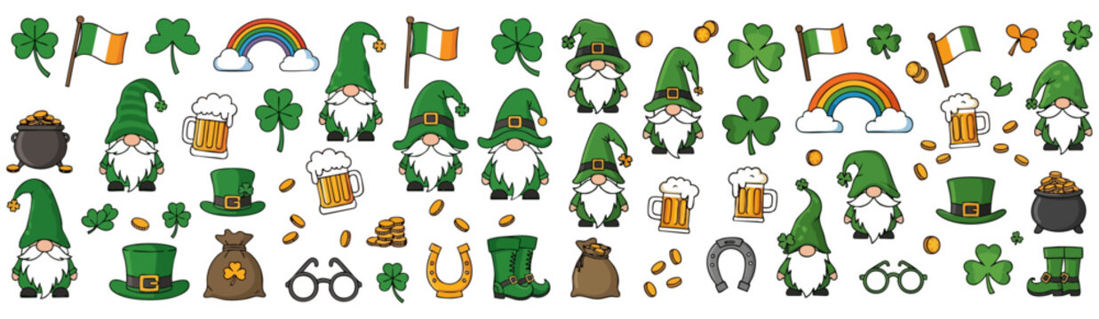 Collection of St. Patrick's Day themed illustrations, including leprechauns, pots of gold, and shamrocks.
