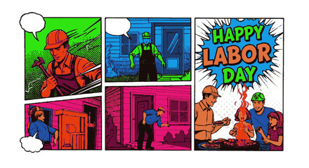 Obraz premium Vibrant labor day comic strip illustrating workers and celebration