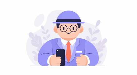 Fototapeta premium Smiling character in a blue suit and hat, wearing glasses, holding a phone