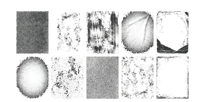 Set of distressed grunge texture borders and weathered frames in black and white vector illustration for vintage graphic design