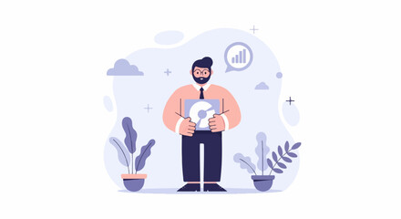 A man in formal attire holding a circle icon with a graph inside