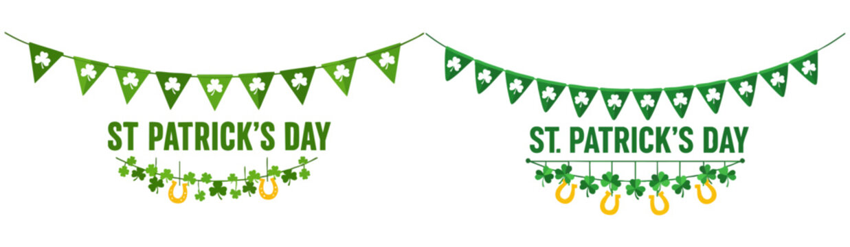 St Patrick's Day bunting set, pub green party decorations, design elements, vector illustration