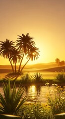 Obraz premium Golden desert landscape with palms and oasis, serene tropical environment