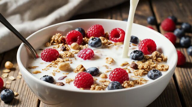 Breakfast scene with granola berries and milk pour close up