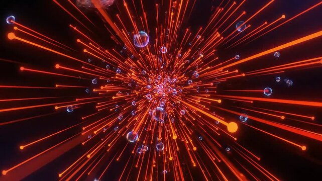 Glowing red and orange data streams burst from a central convergence point with spherical nodes and glossy bubbles, strong radial depth, volumetric glow, seamless 4K loop animation.
