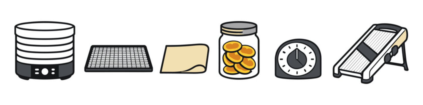 Food dehydration and preparation tools including a dehydrator, tray, parchment, jar, timer, and slicer